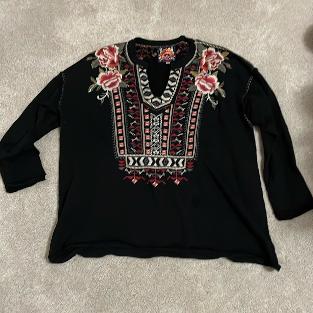 Johnny Was Embroidered Long V-neck Sweatshirt